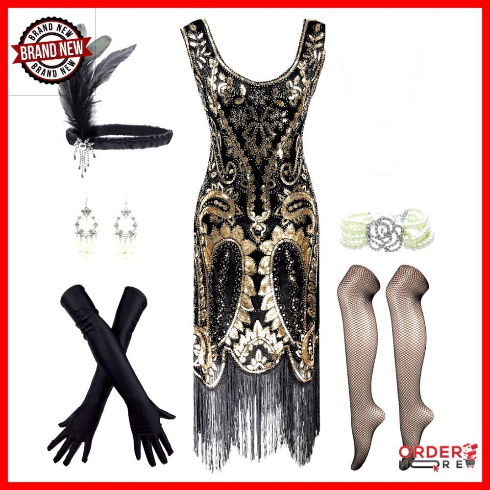 Vintage Sequin Beaded Flapper Dress with Accessories Set, Spandex Satin